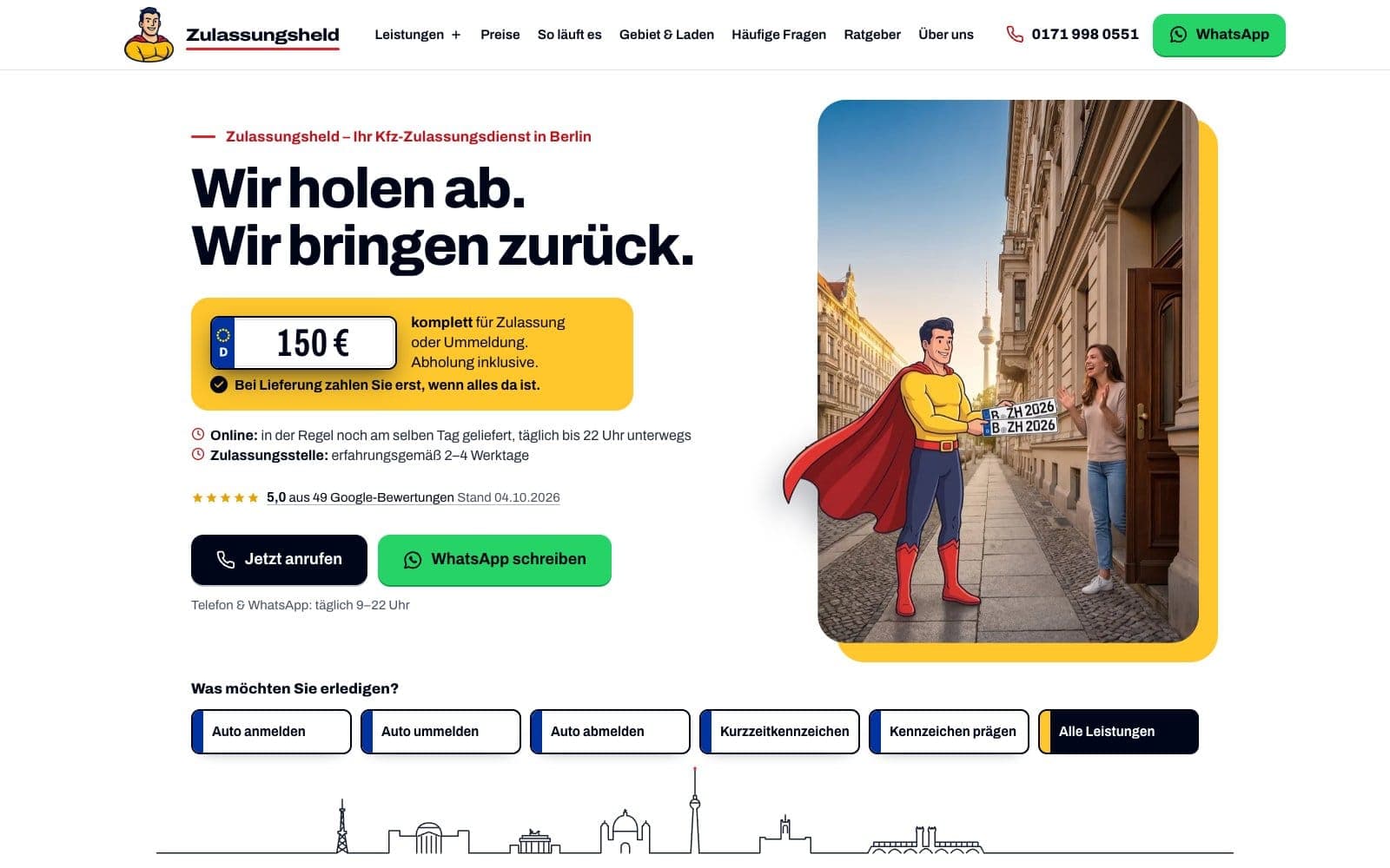 Website-Screenshot Zulassungsheld Berlin: Kfz-Zulassungsdienst Berlin, Webdesign, Local SEO von Digital030