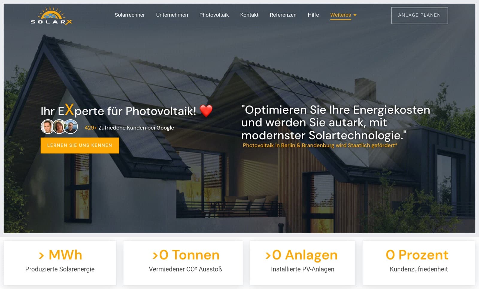 Website-Screenshot SolarX GmbH: Photovoltaik Berlin, Webdesign, Performance Marketing von Digital030