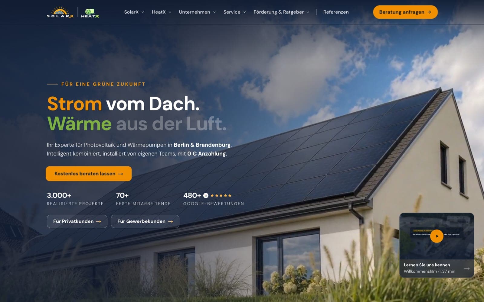 Website-Screenshot SolarX GmbH: Photovoltaik Berlin, Webdesign, Performance Marketing von Digital030