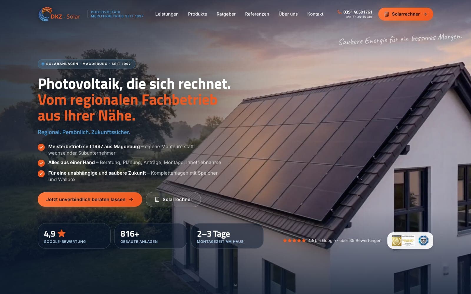 Website-Screenshot DKZ Solar GmbH: Solaranlage Magdeburg, Lead-Generierung, Bewertungen von Digital030